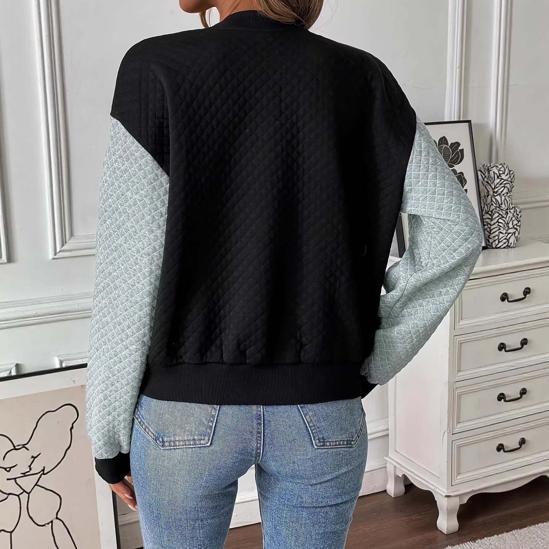 Women's Color Blocked Baseball Collar Casual Long Sleeved Zipper Jacket 