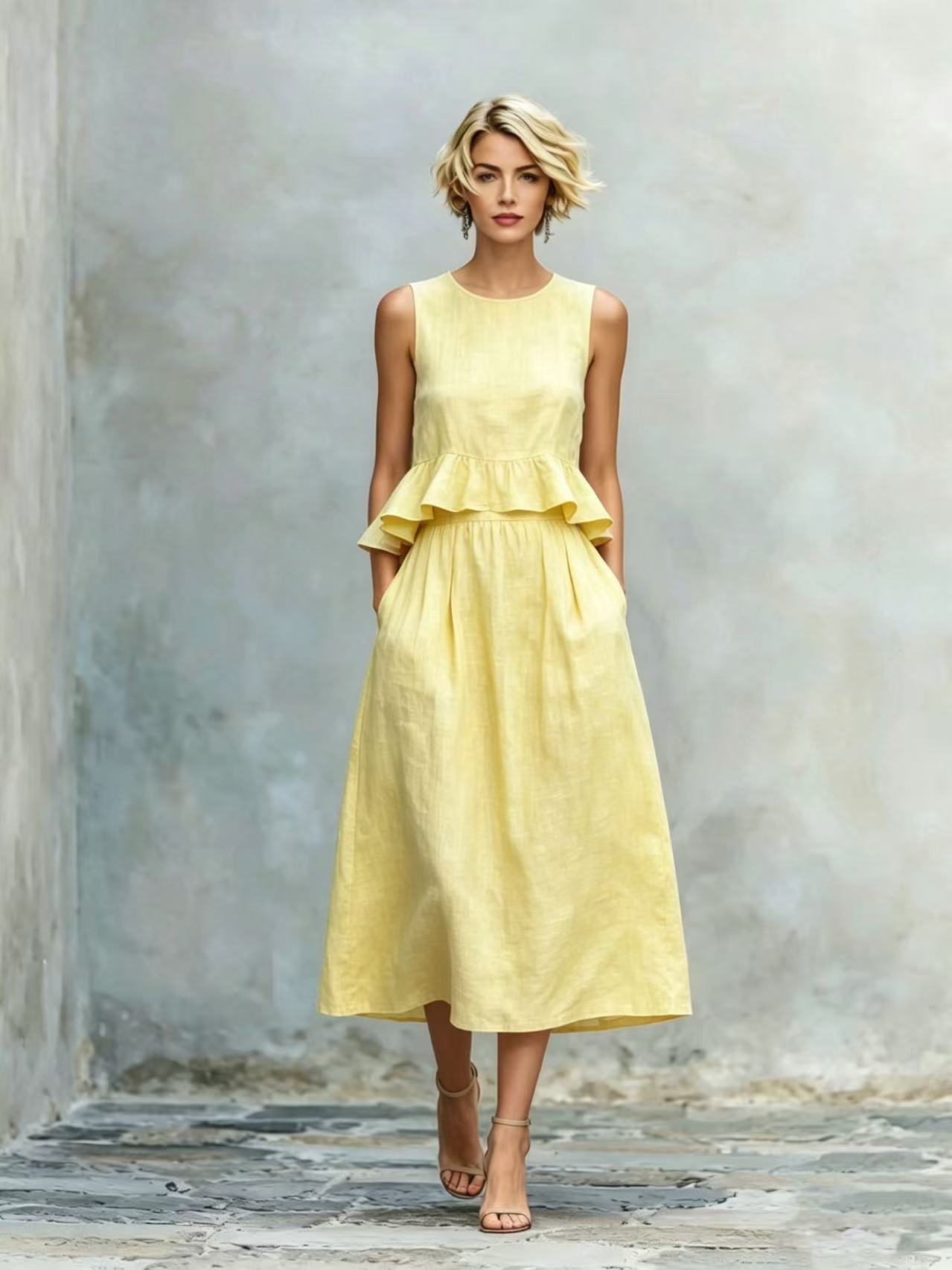 Sleeveless Crew-Neck High-Waisted Ruffle-Trim Resort-Style Dress 