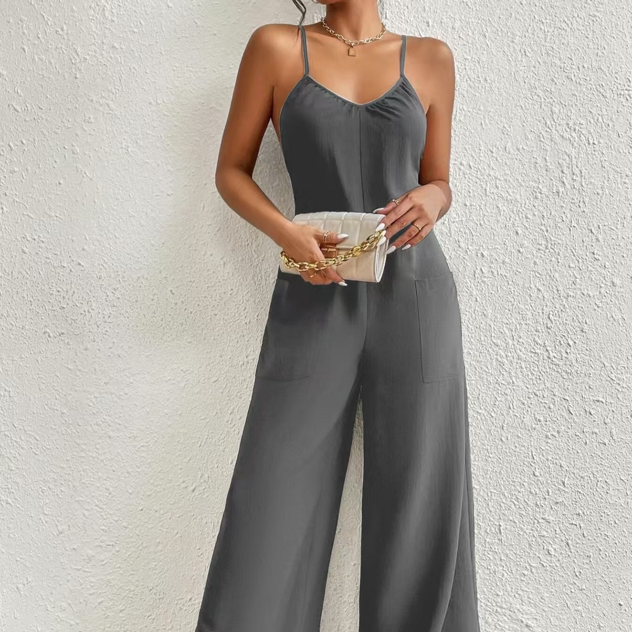 Women’s Pleated Chest Cross-Strap Jumpsuit CJ US