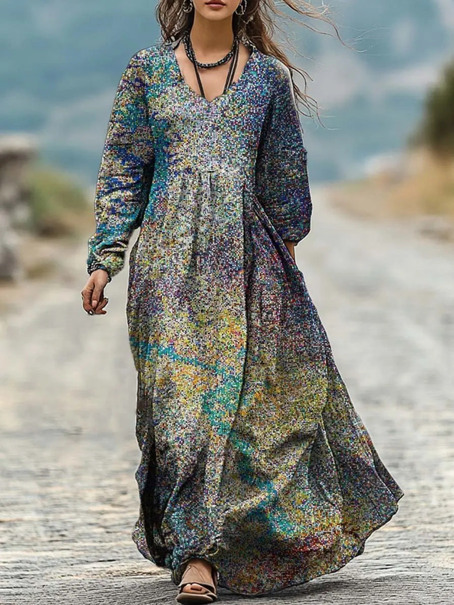 Personalized Retro Chic V-Neck Long-Sleeve Dress 