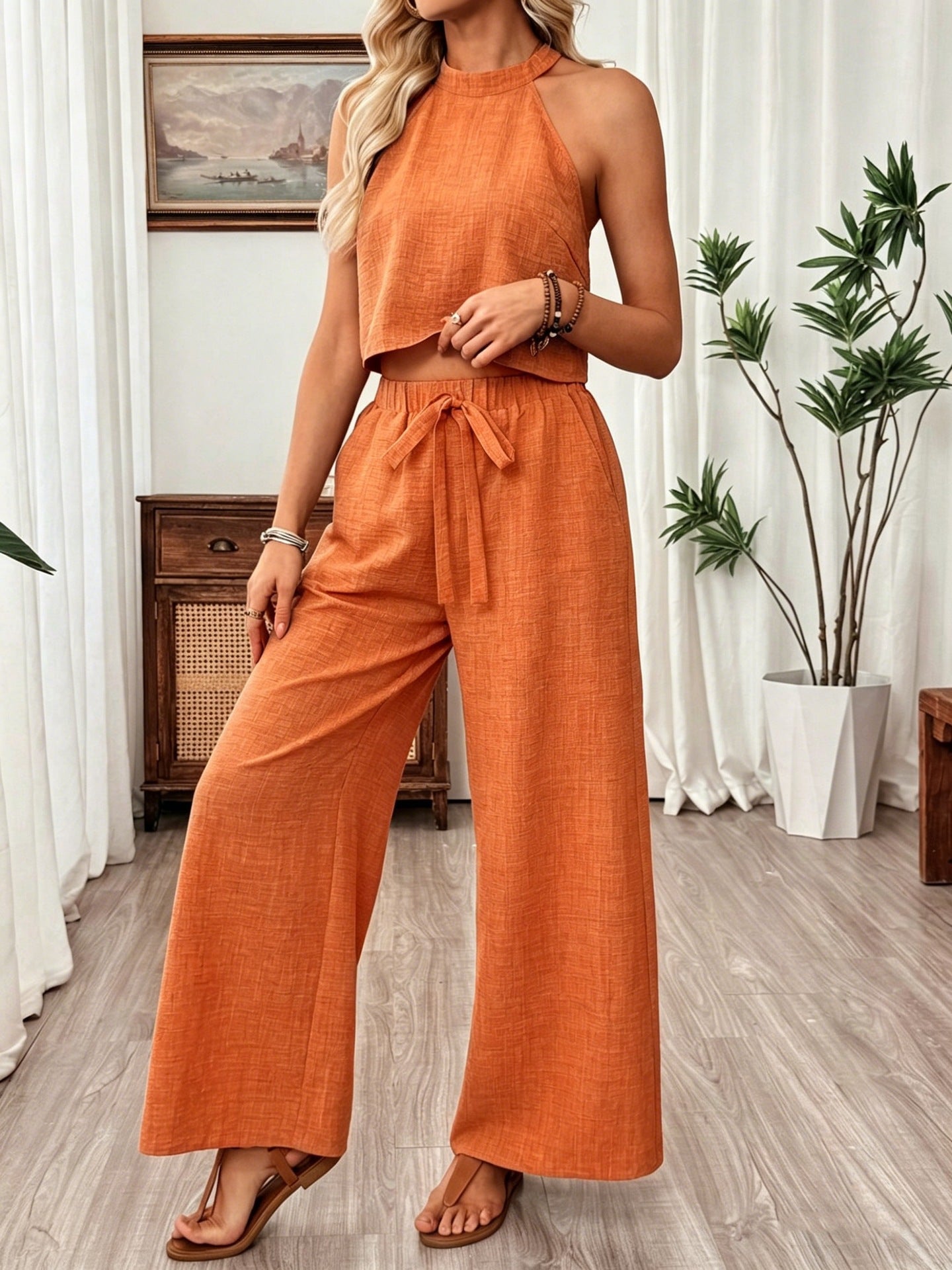 Neck-hanging Sleeveless Cropped Top And Wide-leg Pants Set 