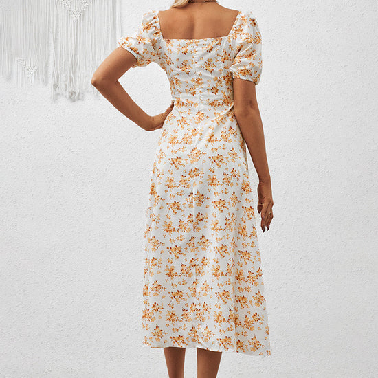 Square Neck Floral Print Dress With Puff Sleeves & Side Slit Maxi Dress CJ US