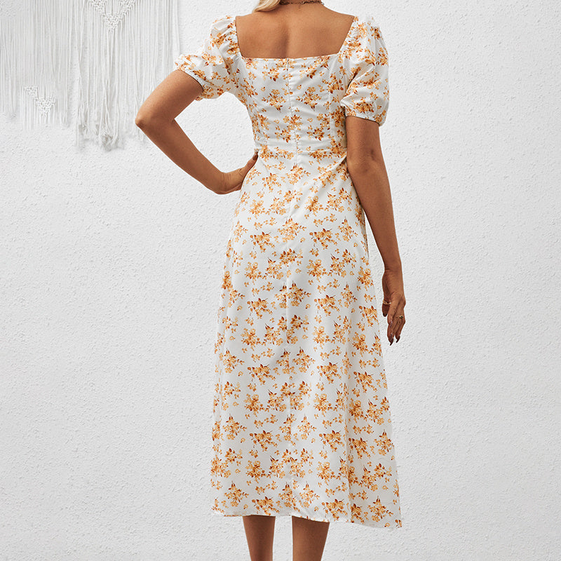 Square Neck Floral Print Dress With Puff Sleeves & Side Slit Maxi Dress CJ US