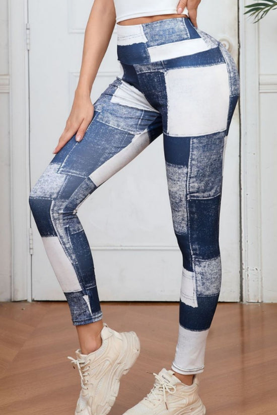 Denim-like Plaid Peach Print High-Waisted Tummy Control Slim Fit Yoga Fitness Pants