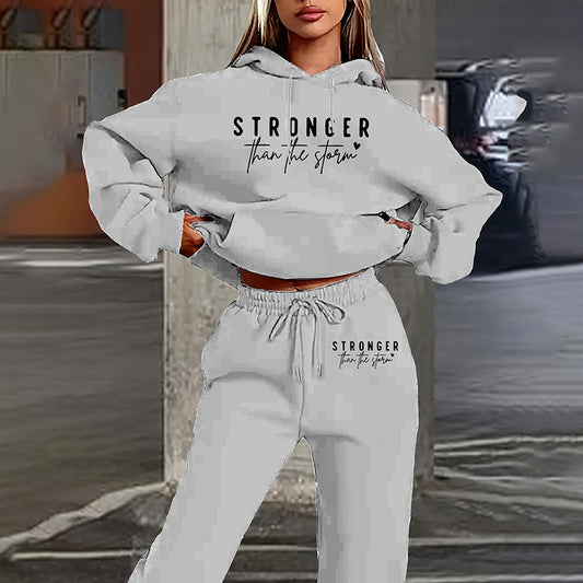Women's Solid 2-Piece Set Letter Print Hoodie With Pocket & Drawstring Jogger Pants Casual Tracksuit CJ US