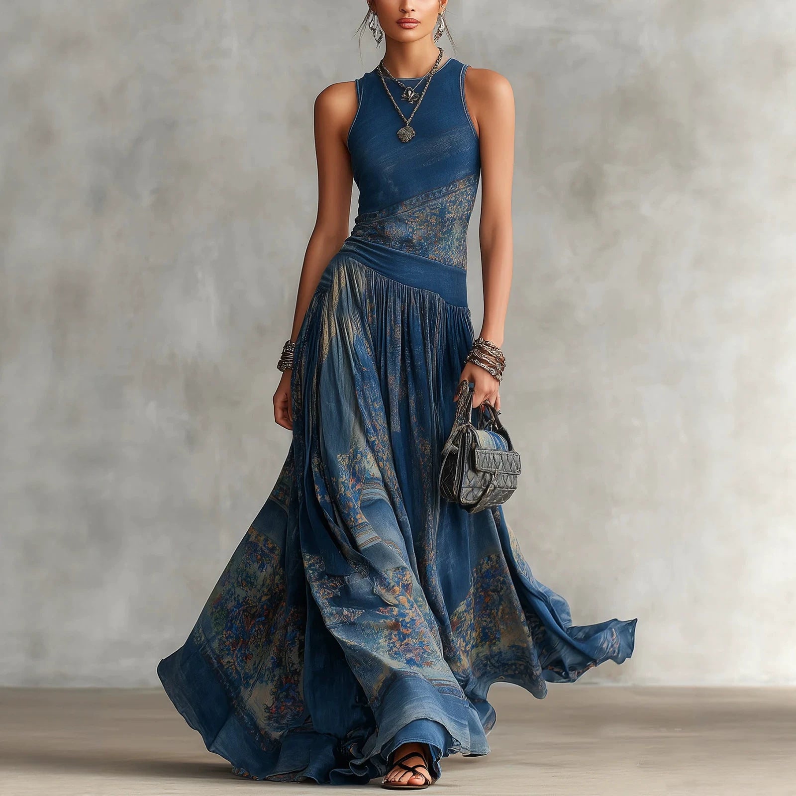 Printed sleeveless vest dress with elegant large swing round neck skirt 