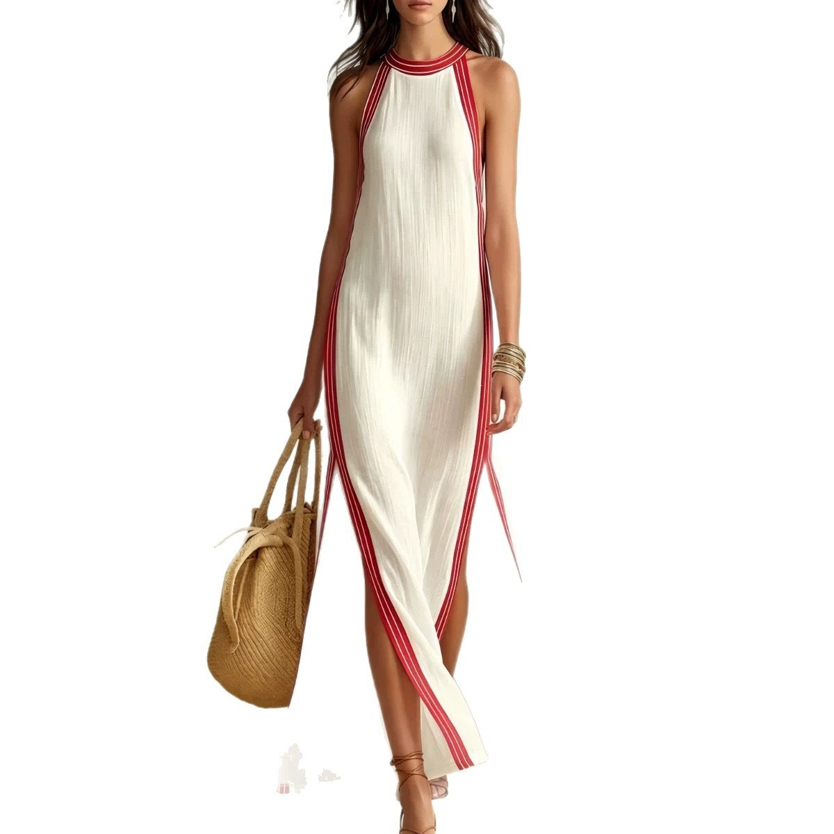 Style Stripe Split Sleeveless Vacation Casual Dress 