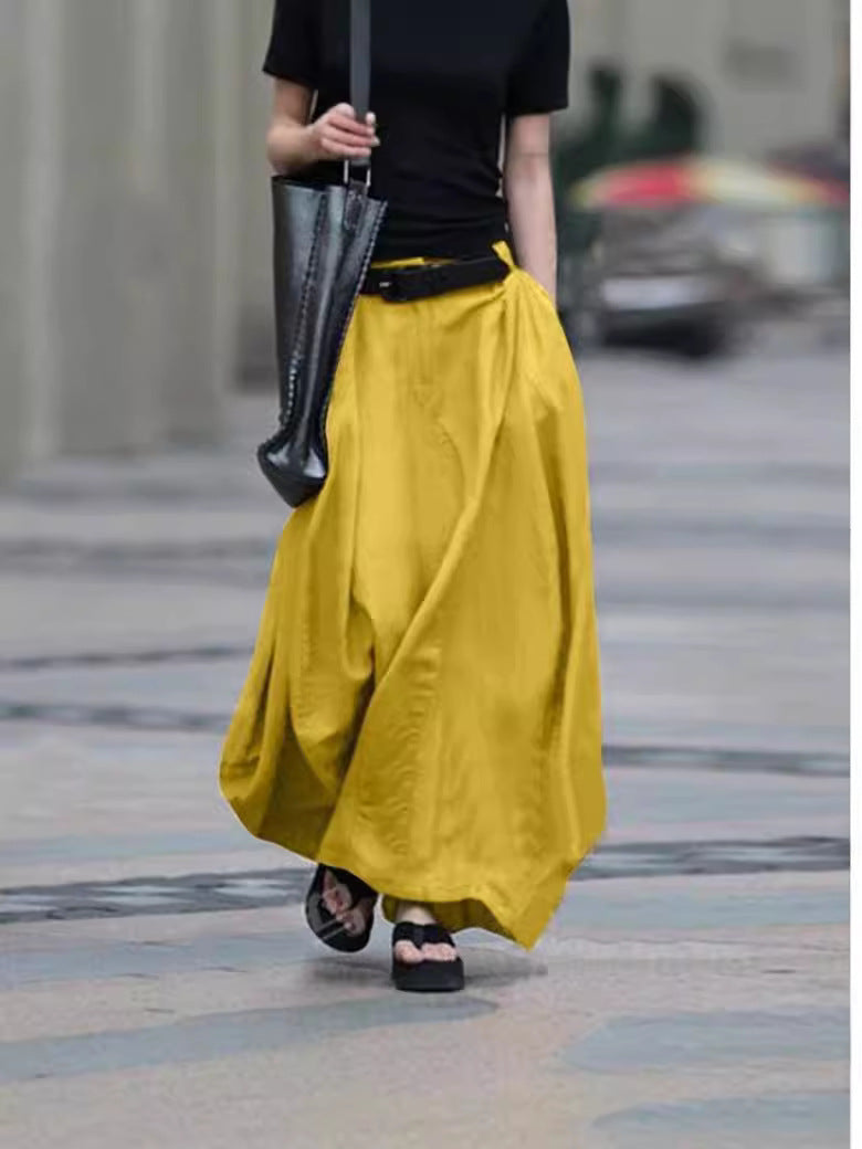 Womens Solid-color High-waisted Long Skirt 