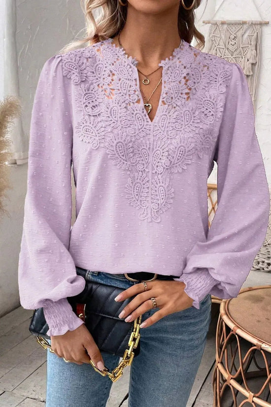 Swiss Dot Lace Detail Notched Long Sleeve Blouse 