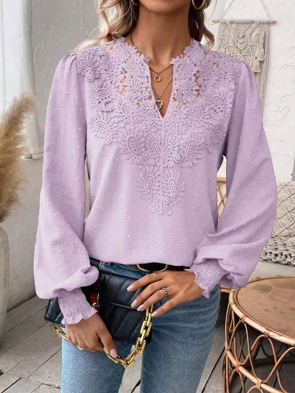 Swiss Dot Lace Detail Notched Long Sleeve Blouse 