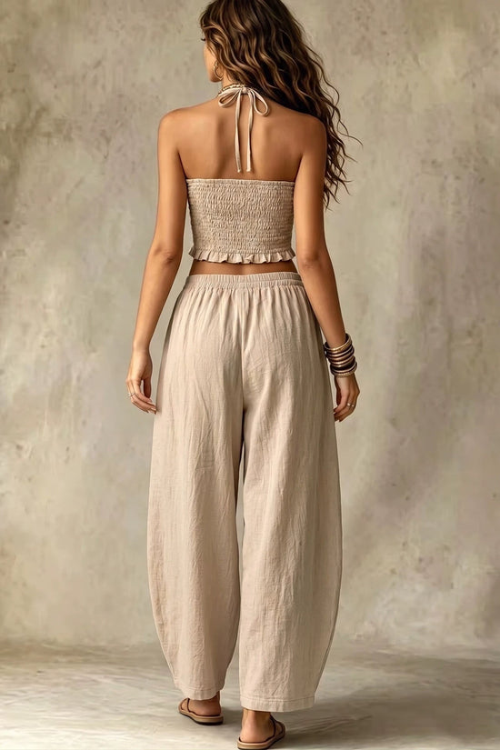 Hanging neck V-neck short top+loose lantern pants linen two-piece set for women 