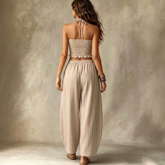 Hanging neck V-neck short top+loose lantern pants linen two-piece set for women 