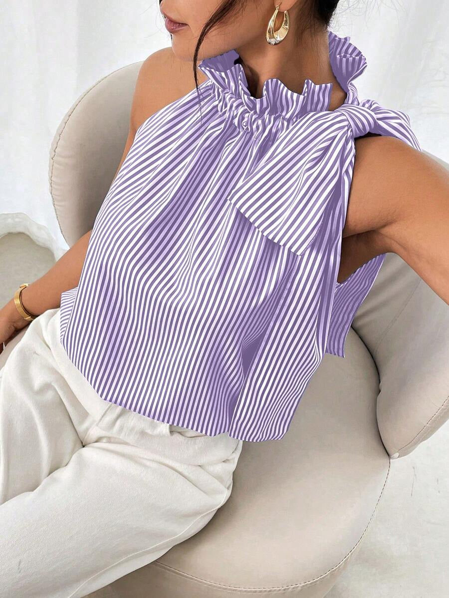 Fashionable Casual Sleeveless Striped Lace Trim High Neck Tie Knot T-Shirt Top 