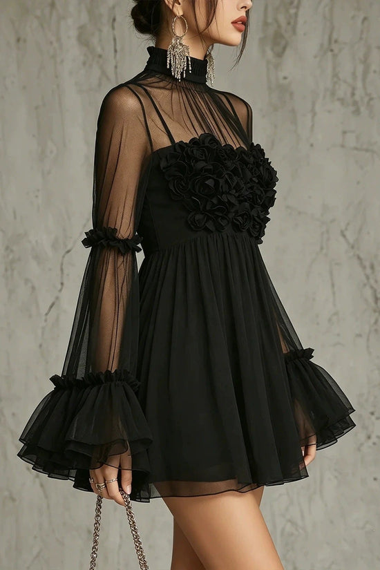 Floral Embroidered Sheer Lace Dress with High Neck and Flared Sleeve 