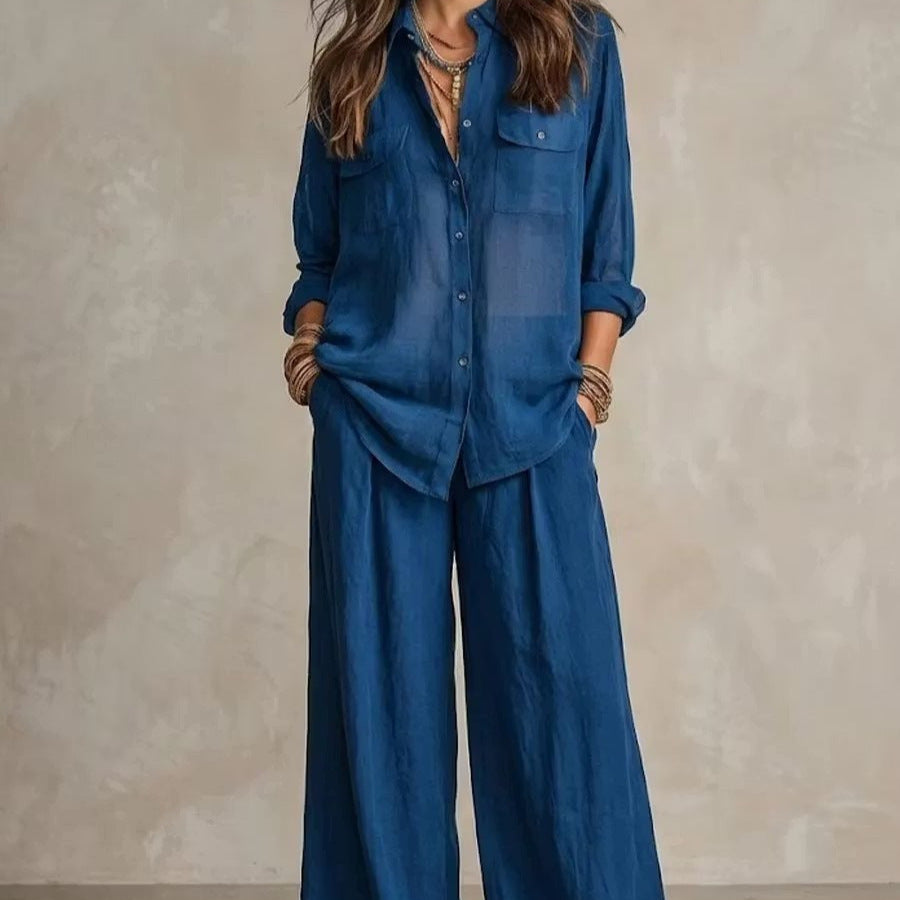 Chic Linen Set for Women, Breathable Lightweight Long Sleeve Shirt with Drapey Wide-Leg Pants, Vacation Style Casual Outfit 