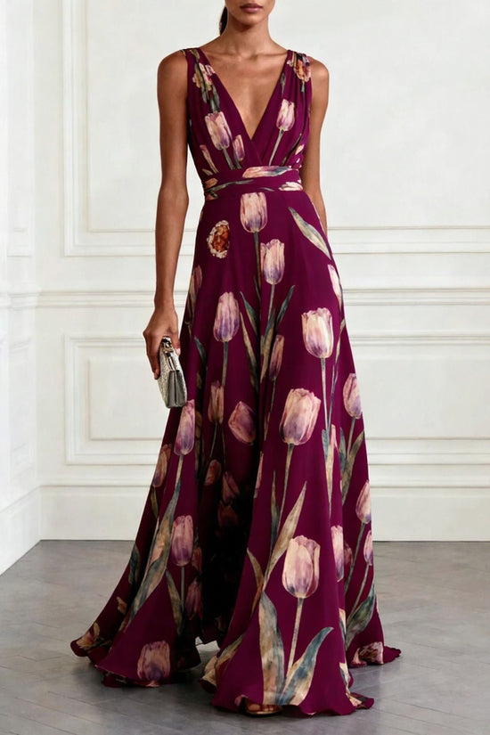 Tulip Print Evening Dress for Women Sleeveless V-Neck Long Dress 
