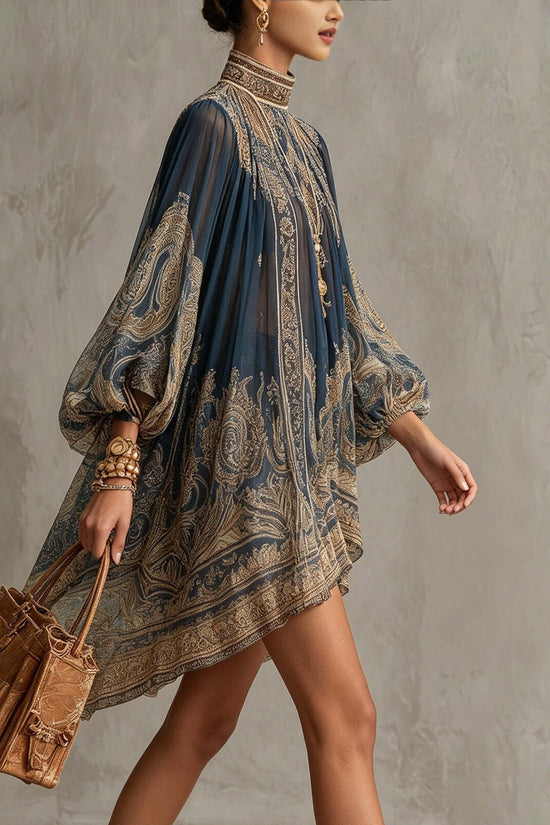 Printed Long Sleeve High Neck Loose Dress 