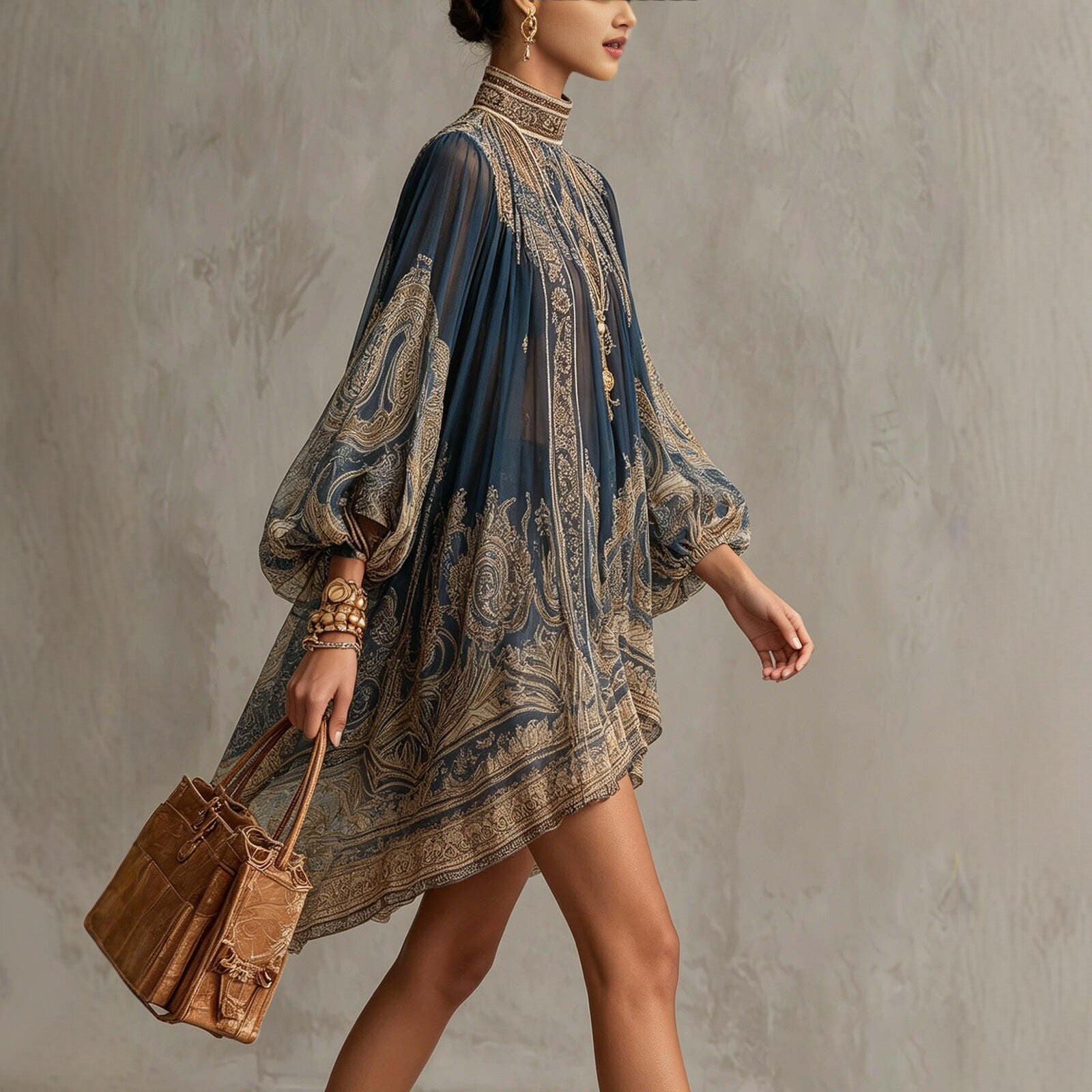 Printed Long Sleeve High Neck Loose Dress 