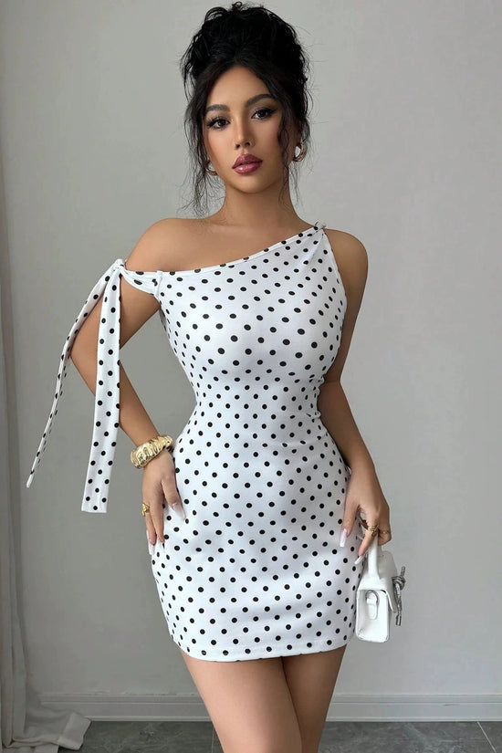 Wave point sloping shoulder strap slim fit hip hugging jumpsuit short skirt for women 