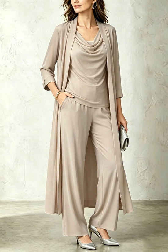 Long sleeved swing collar top long cardigan jacket long pants three piece set 