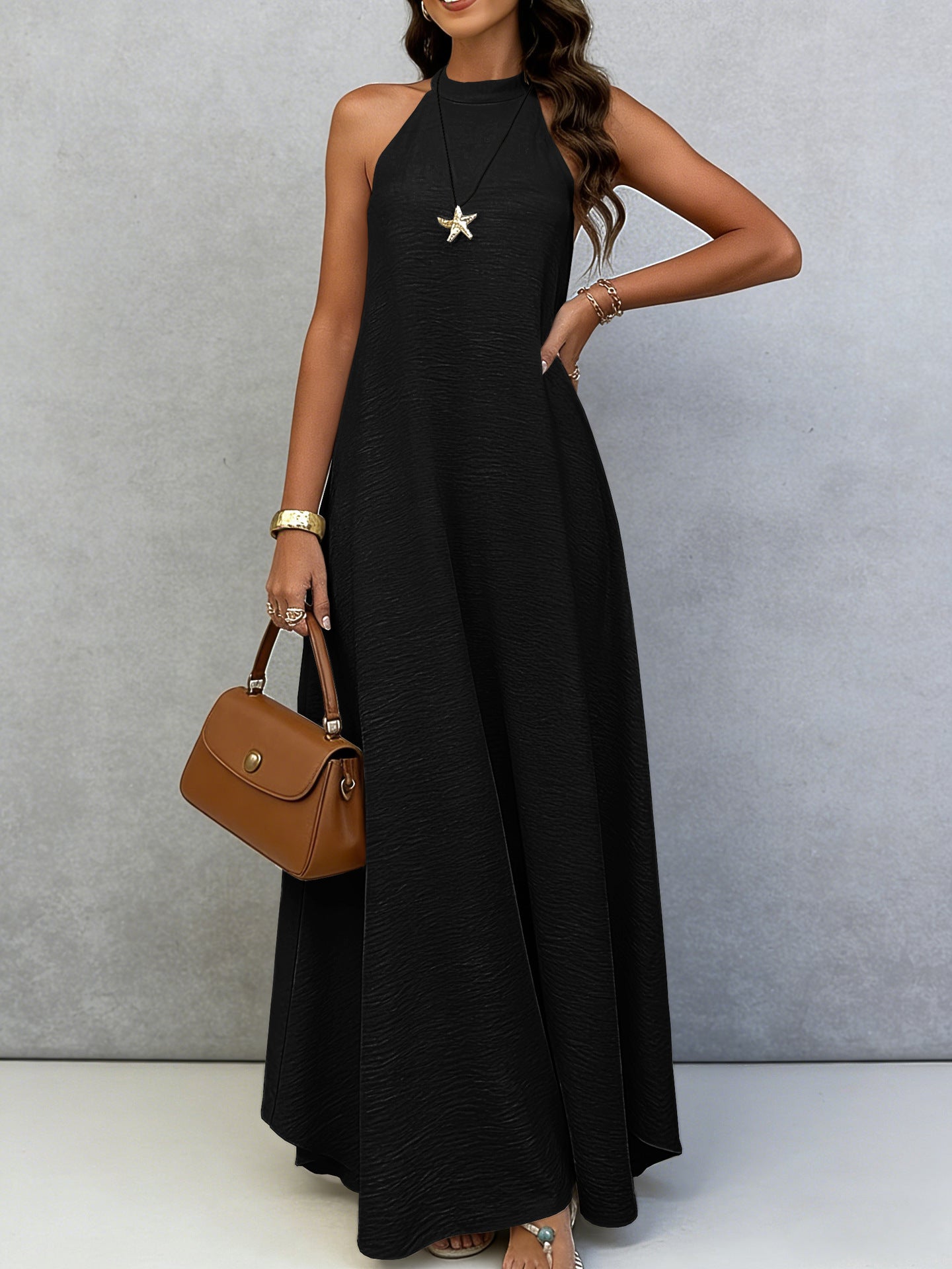 Women Summer Ice Silk Wrinkle Loose Plus Size Sleeveless Solid Color Swing Long Maxi Dress Vacation Style 