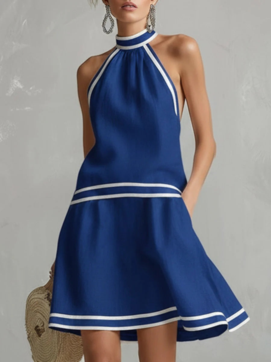 Choker Neck Fashion Short Dress with Striped Trim, Comfortable Sleeveless Fitted Dress 
