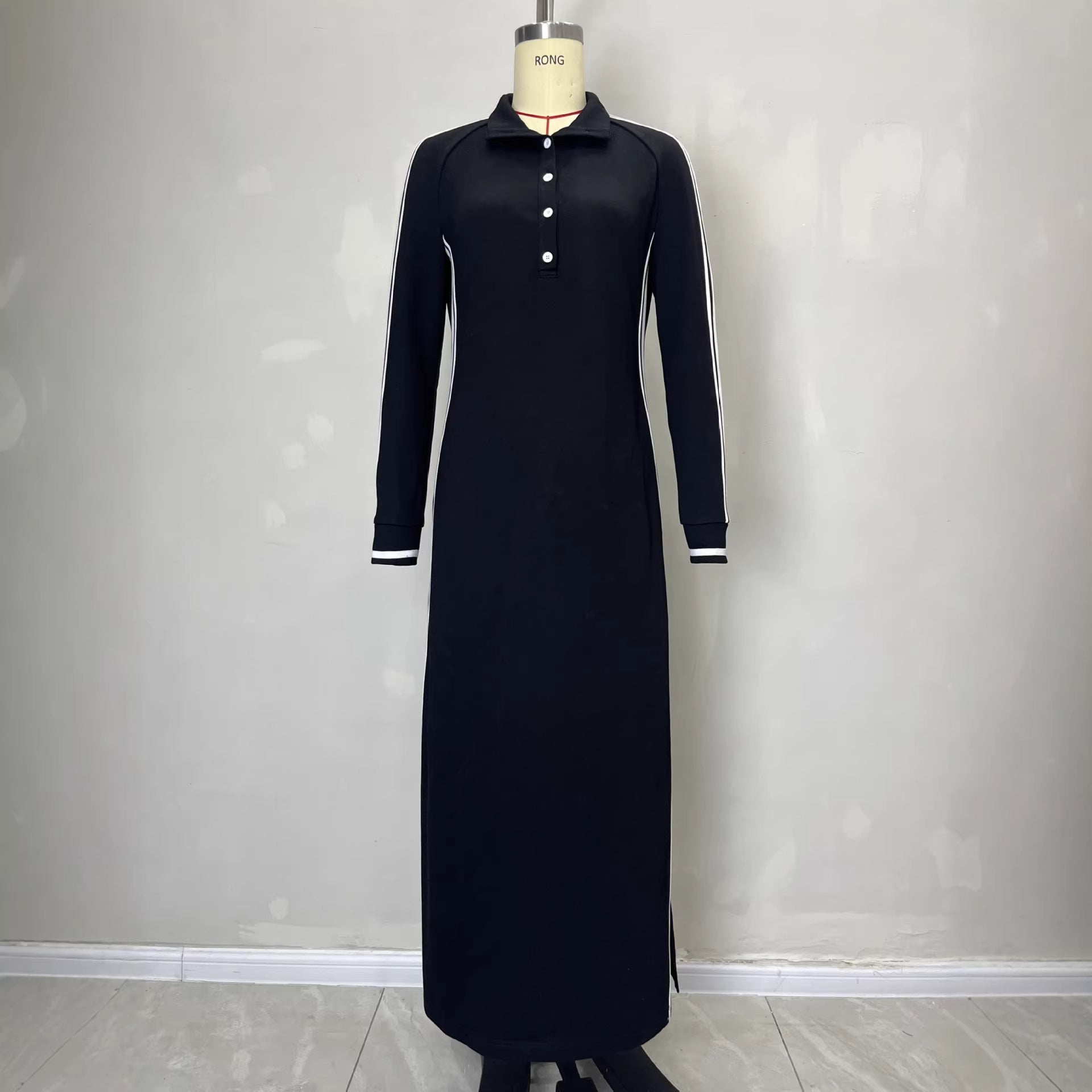 Long skirt women's simple white rolled edge button neck hoodie dress 