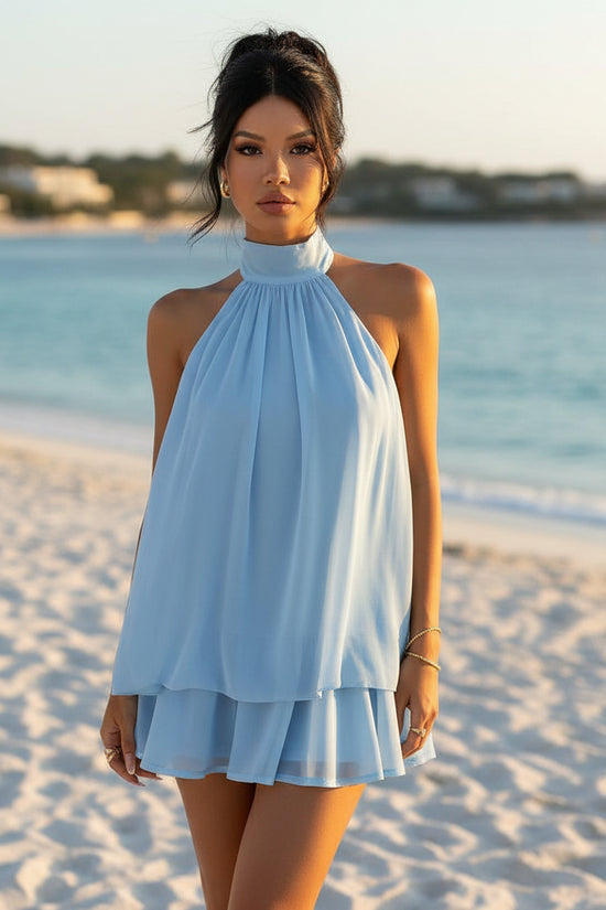 Women's vacation fitted sexy backless halter neck tie-waist dress with puffy short skirt 
