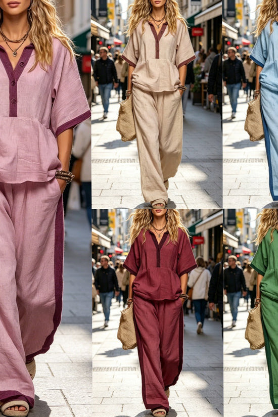 Casual Loose Solid Color Top with V-Neck and Three-Quarter Sleeves  Elastic Waist Loose Wide-Leg Pants Solid Color Set for Women 