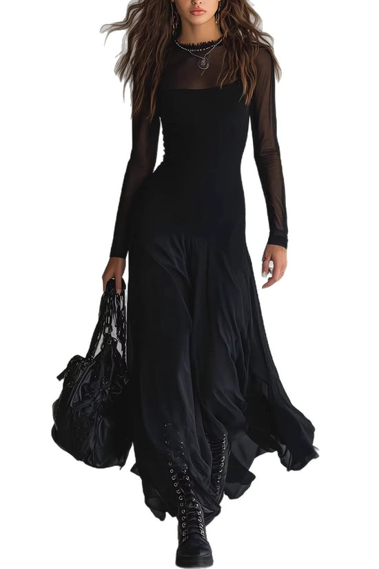 Elegant women's black see through mesh long sleeved dress 