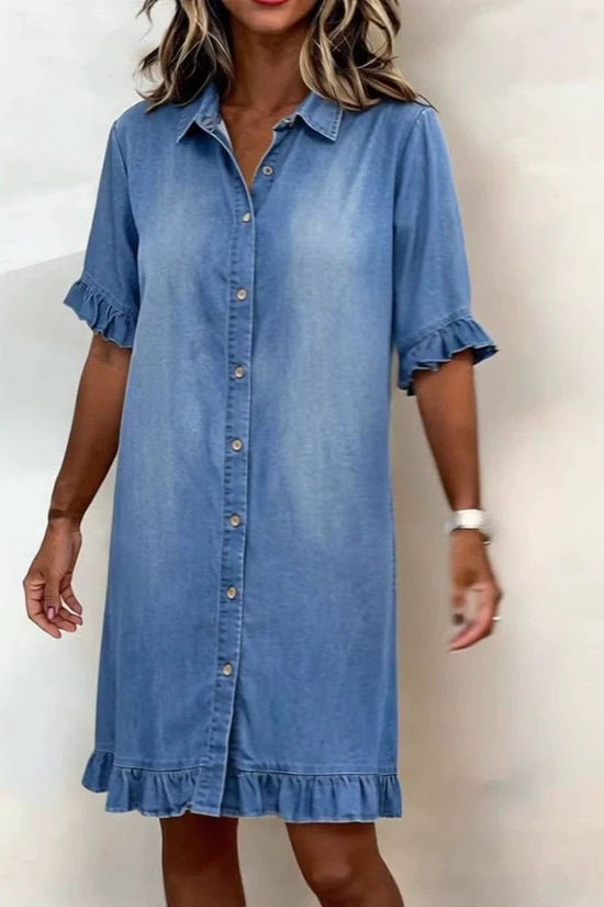 Solid-color Faux Denim Ruffled-edge Shirt Dress 