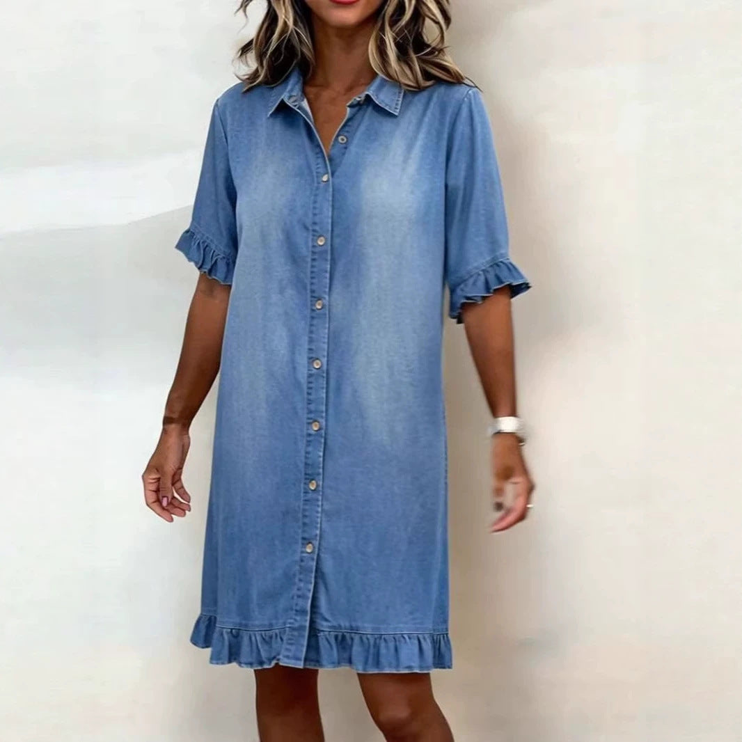 Solid-color Faux Denim Ruffled-edge Shirt Dress 