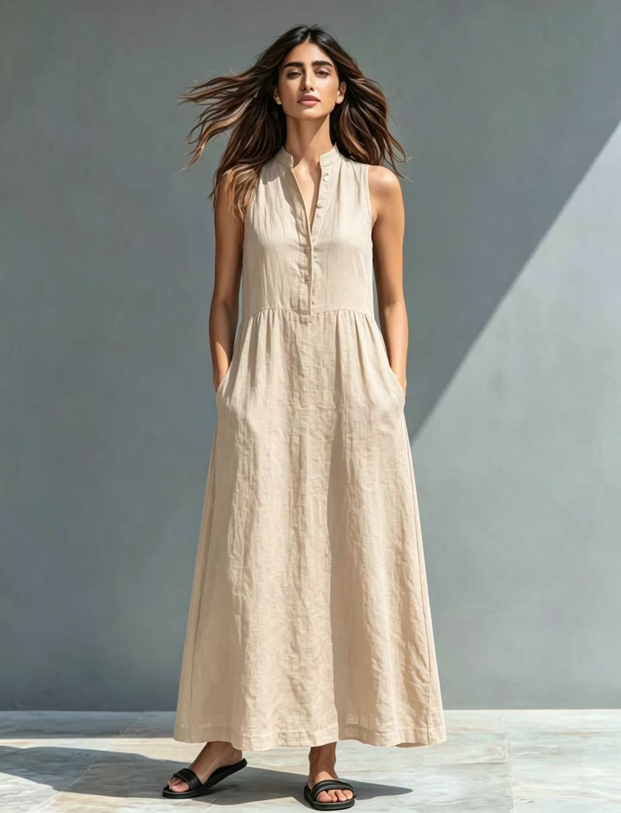 Resort-style Stand-collar Maxi Dress 