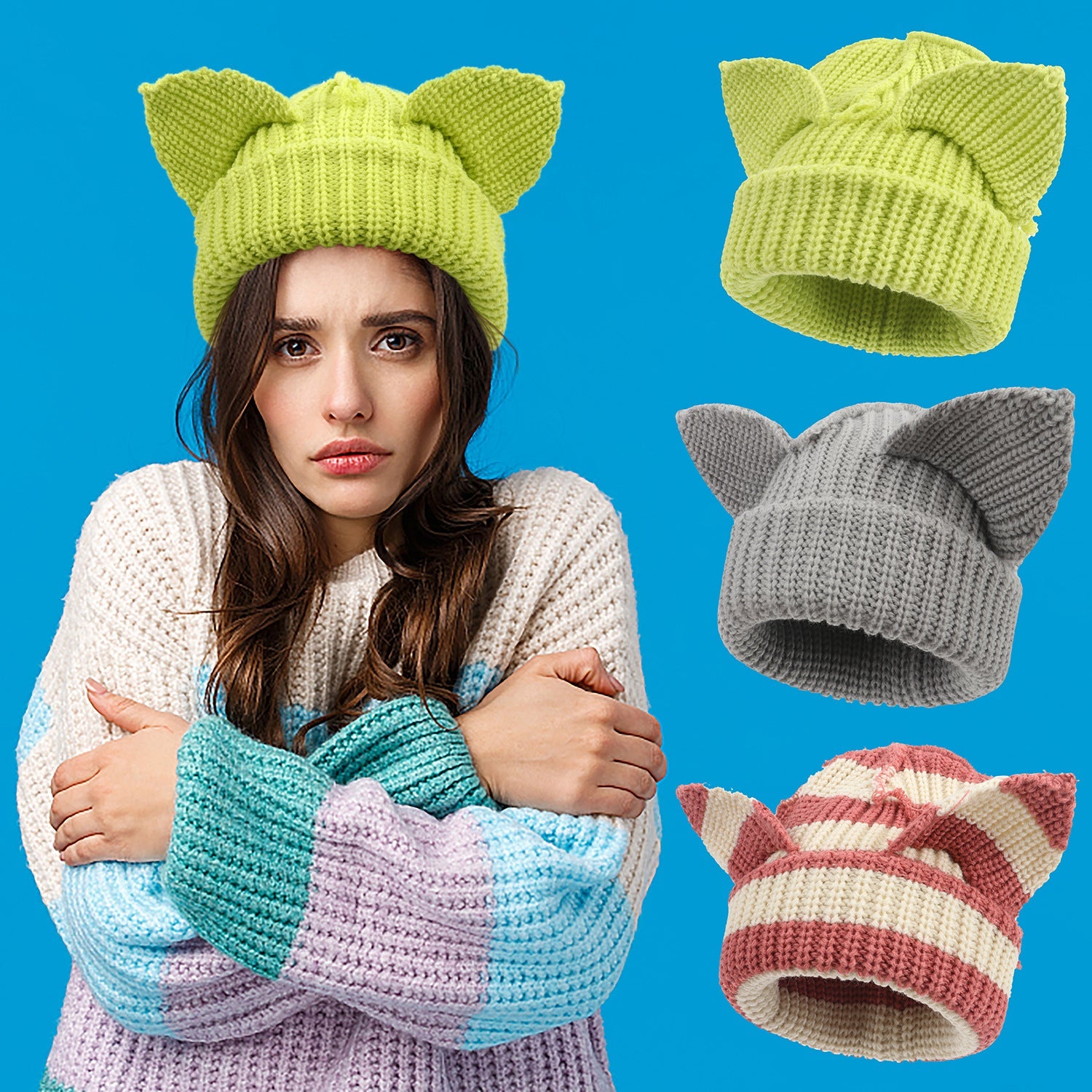 Devil Ears Thickened All Acrylic Knitted Hat 