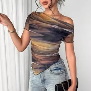 Women’s Tie-Dye One-Shoulder Mesh Ruched Top – Asymmetrical Stretch Tee for Going Out 