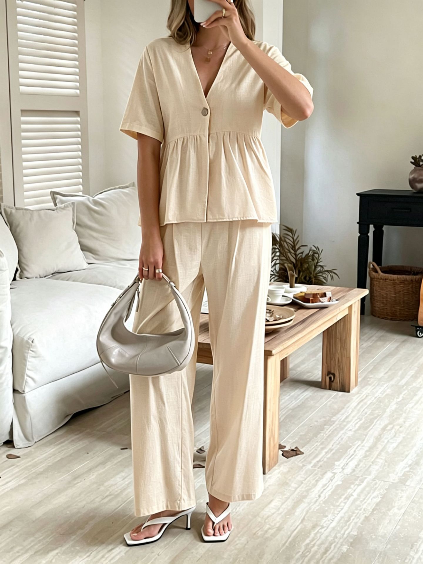 V-neck Loose-fit Short-sleeve Top And Wide-leg Pants Two-piece Set 