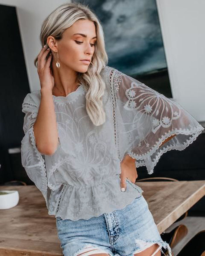 Womens New Arrival Lace Trim Top Short-Sleeve Shirt Loose Batwing Sleeve 