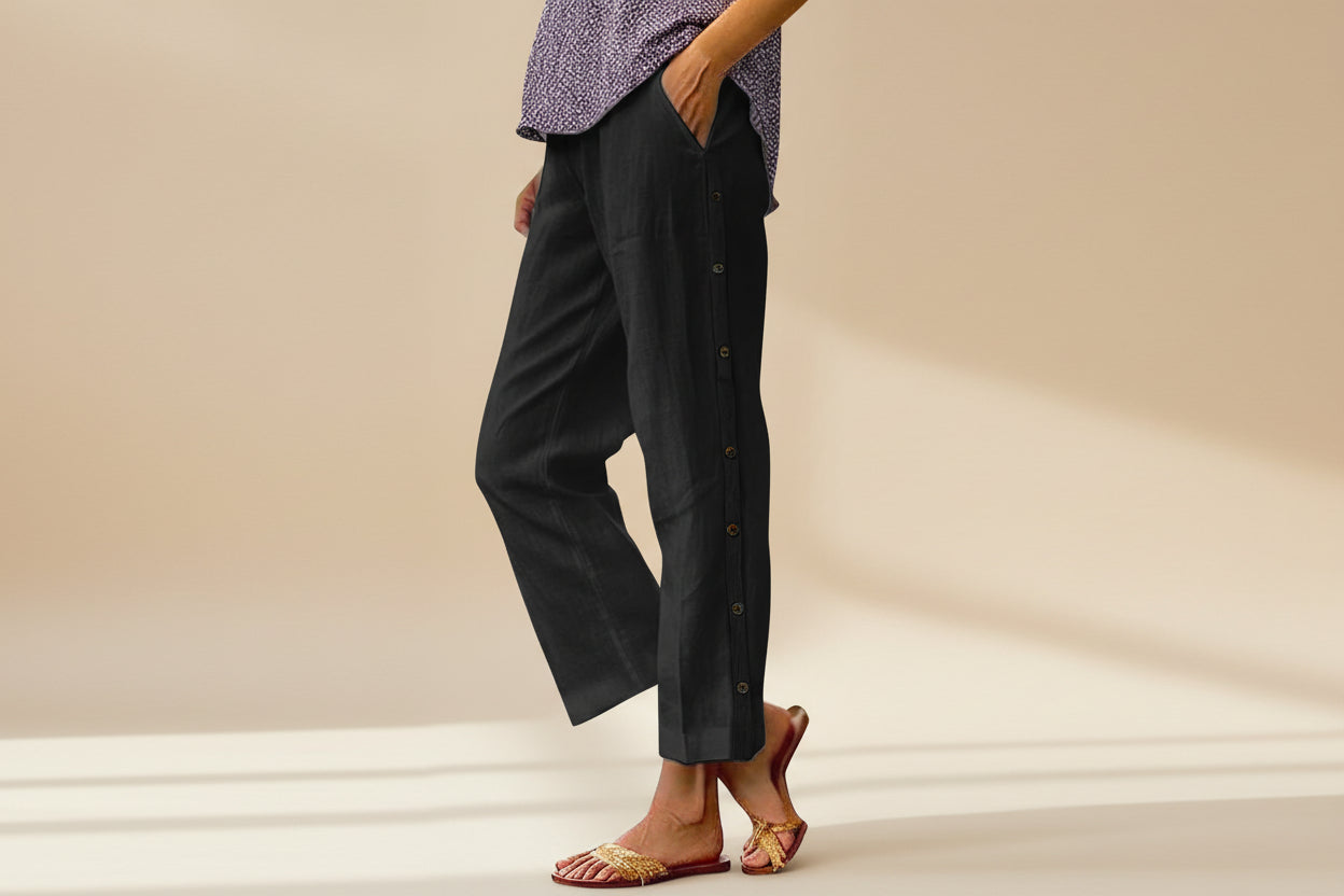 Cropped Pants With Decorative Buttons Along The Side Seams 