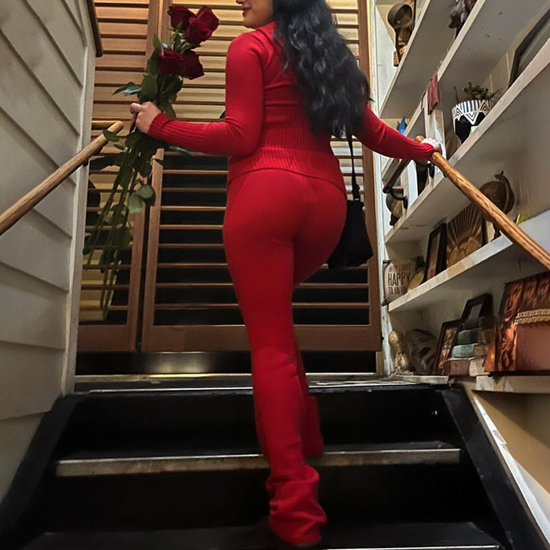 Long Sleeve Sweater & High Waist Long Pants Set | ladies long sweaters