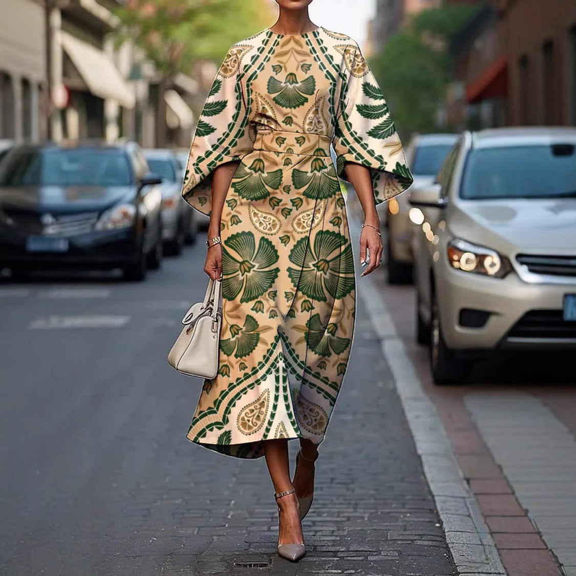 Women's Elegant Geometric Print Batwing Sleeve Round Neck Maxi Dress 