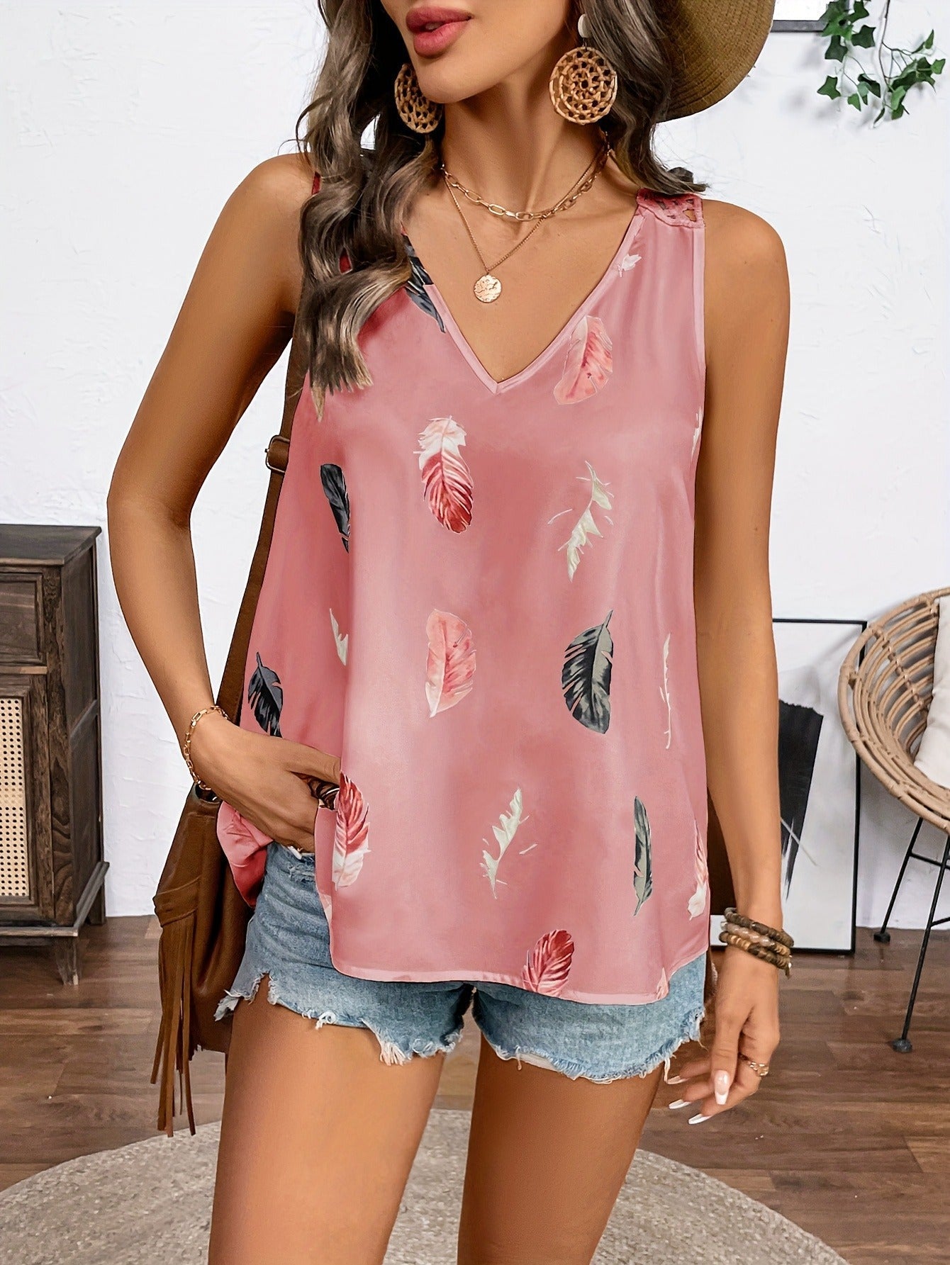 Women’s Feather Print V-Neck Camisole 