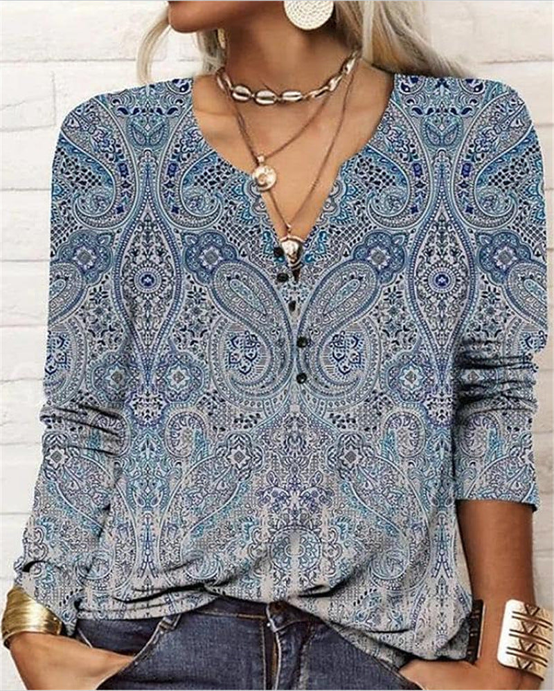 Women's Casual Ethnic Style V-neck Long-sleeved T-shirt 