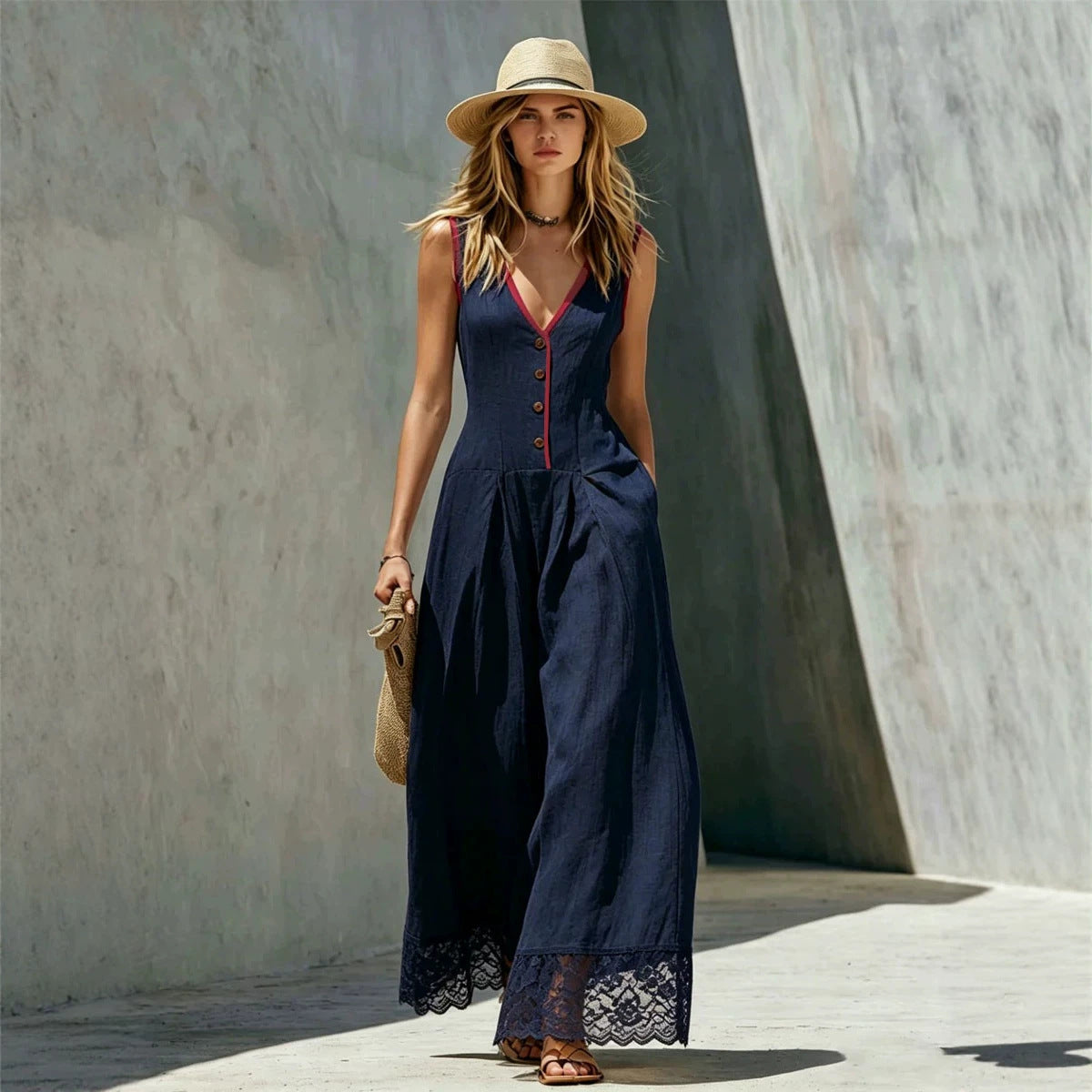 Womens Solid-Colored Jumpsuit With Spliced Lace And Pockets Long Pants 