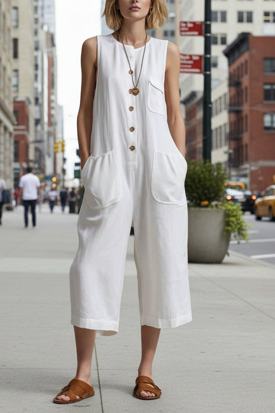 Retro Sleeveless Cotton-Linen Wide-Leg Cropped Jumpsuit 