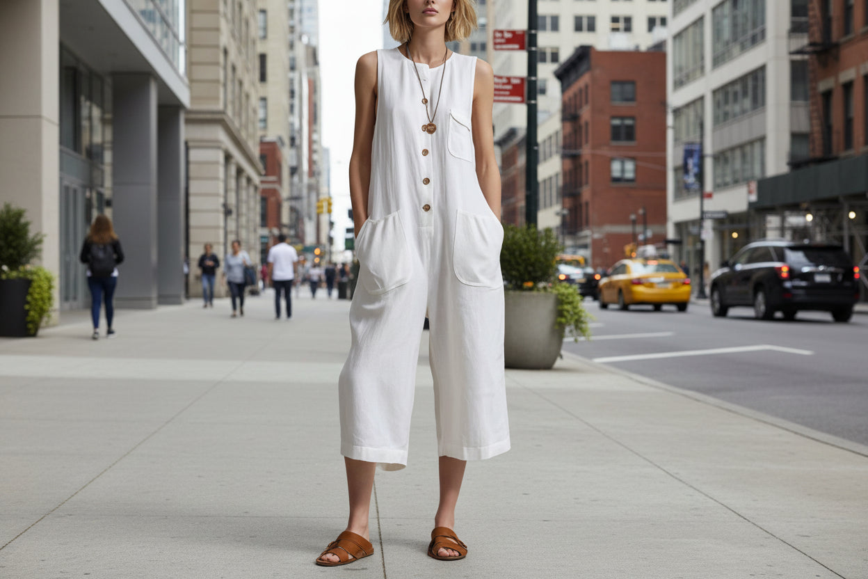 Retro Sleeveless Cotton-Linen Wide-Leg Cropped Jumpsuit 