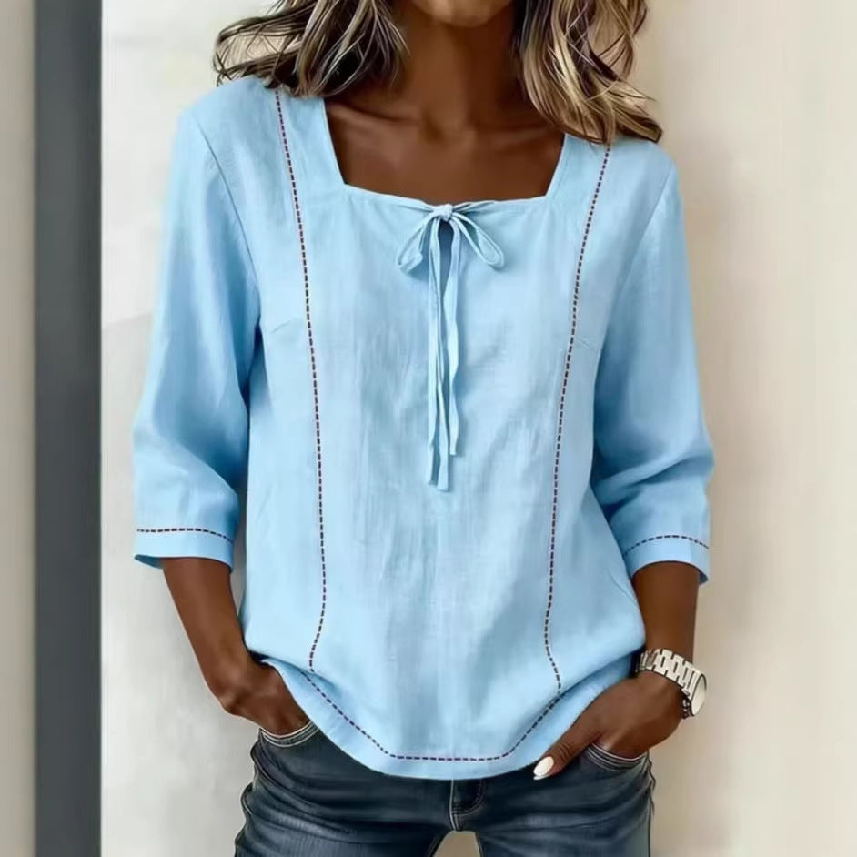 Printed Lace-Up Square-Neck Mid-Sleeve Womens Shirt 