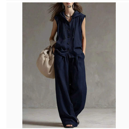 Sleeveless Loose Casual Hooded Top High-Waist Wide-Leg Pants Set 