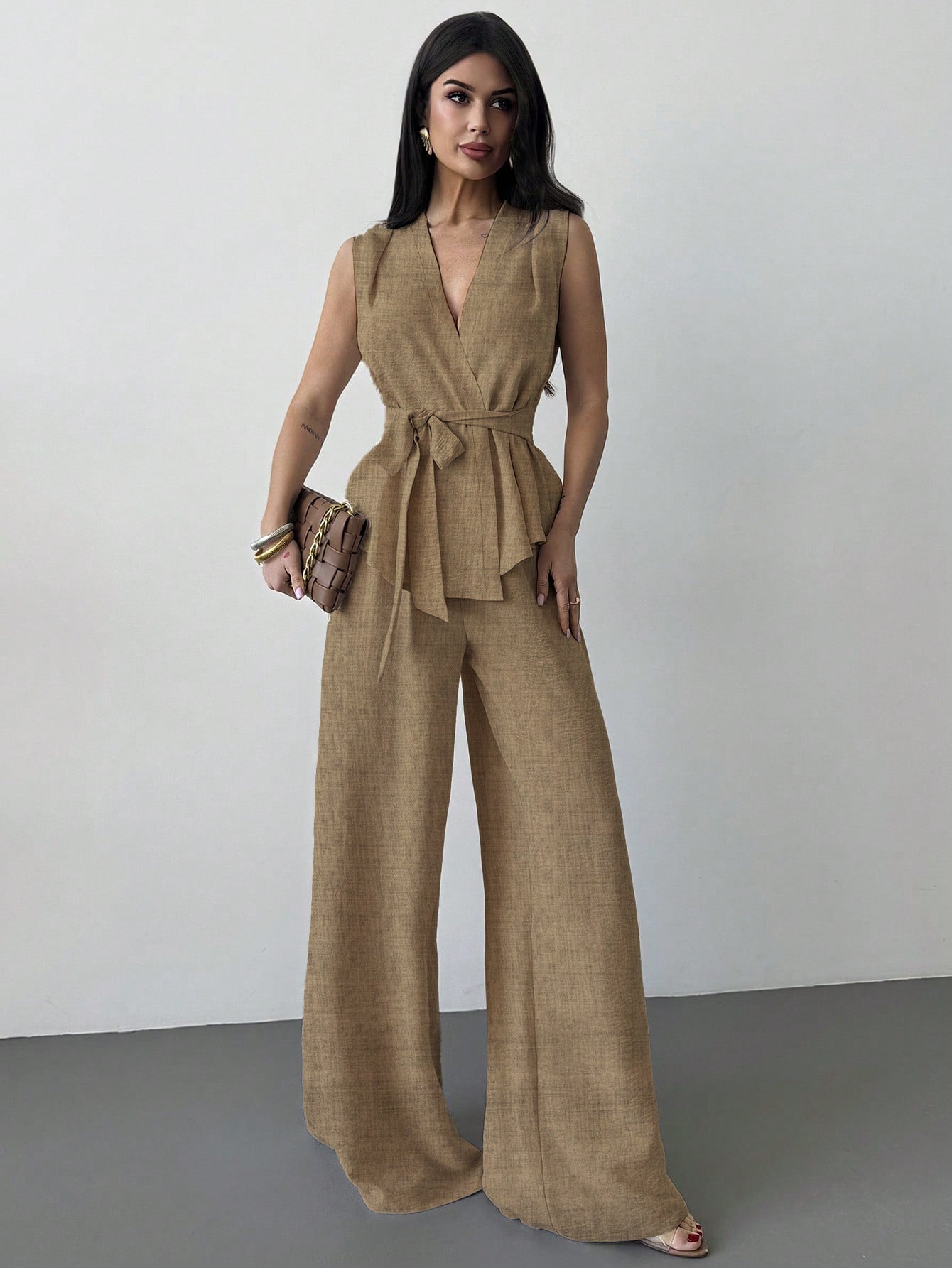 Lace-up V-neck Vest Top And Pants Two-piece Set 