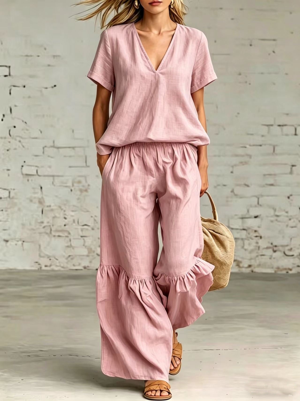 Womens Casual Solid Color V-Neck Loose Short-Sleeve Pants Set 