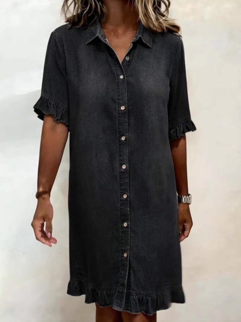 Solid-color Faux Denim Ruffled-edge Shirt Dress 